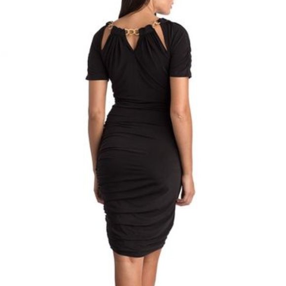 Marisa Kenson Black Stretch Spandex Cut-Out Crossover Front Midi Dress - S NWT - Picture 2 of 4